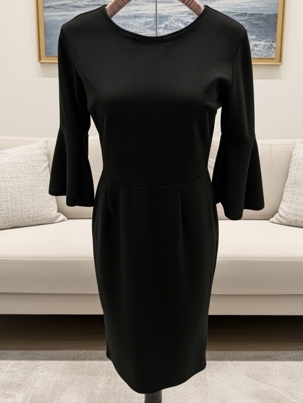 840. Boohoo Black Bell Sleeve Sheath Dress Crew Neck Classic Workwear Midi 8 M